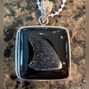 Black Druzy Pendant with Silver Trim